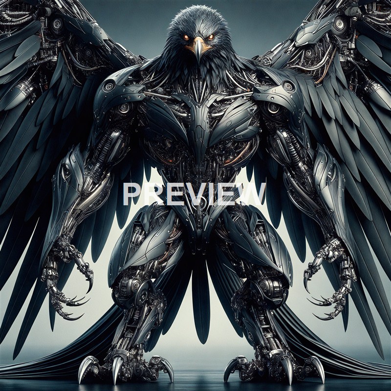 A highly detailed and intimidating robotic humanoid figure with an eagle-like head, large mechanical wings, and a muscular build made of shiny metal parts.